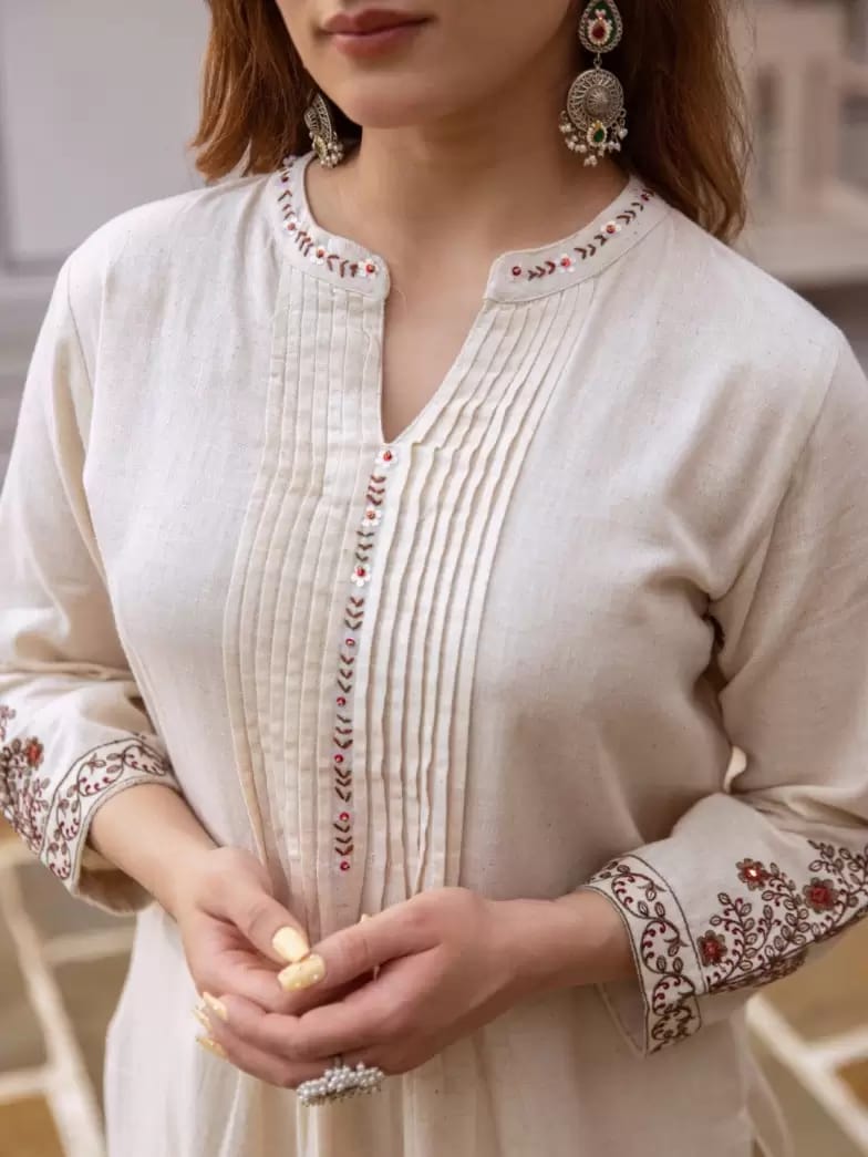 Cream Cotton Kurta Set with Maroon Embroidery