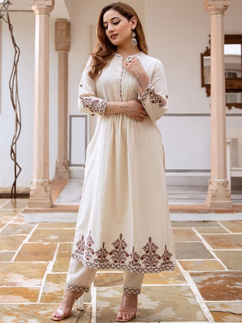 Cream Cotton Kurta Set with Maroon Embroidery