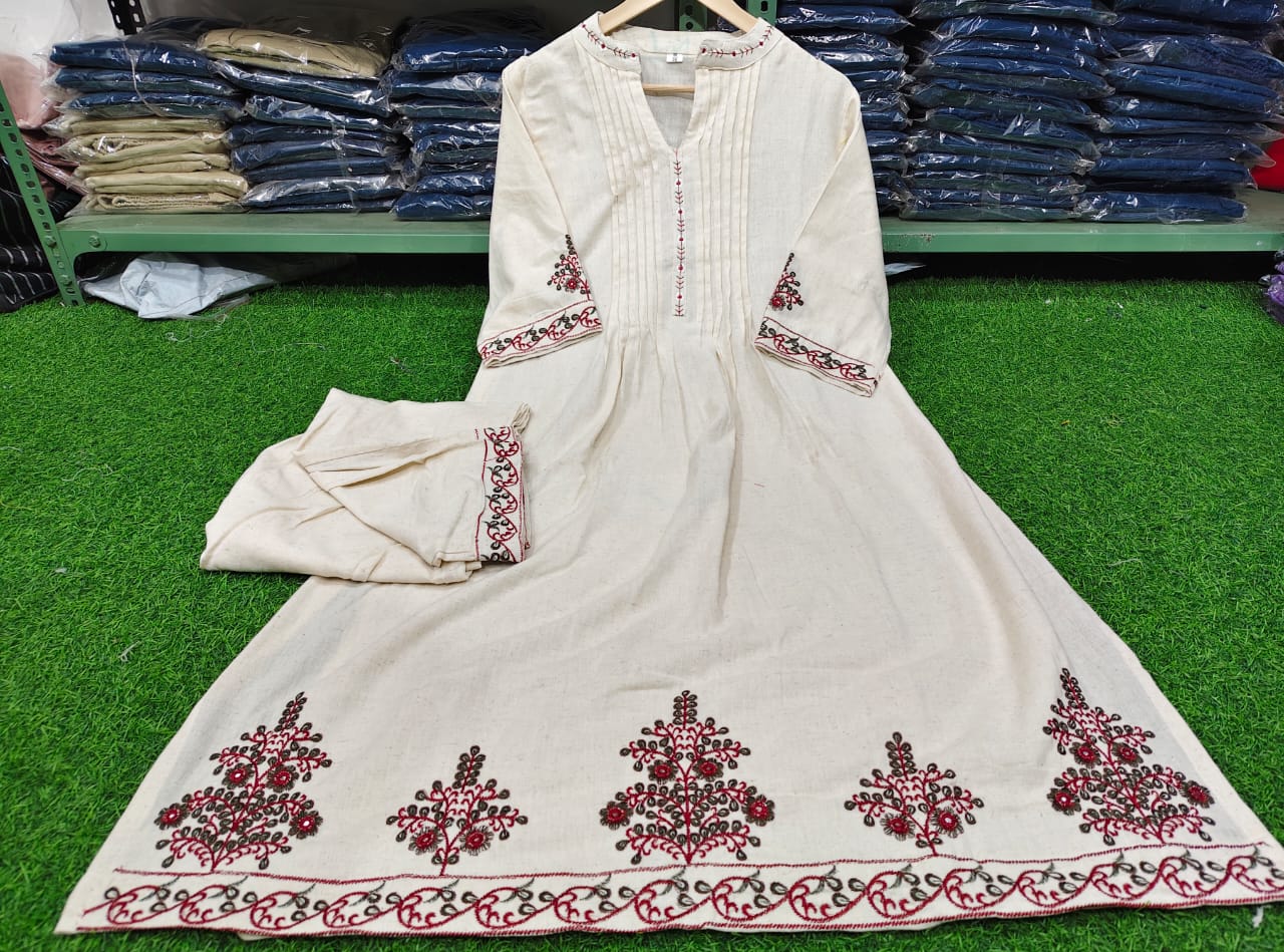Cream Cotton Kurta Set with Maroon Embroidery
