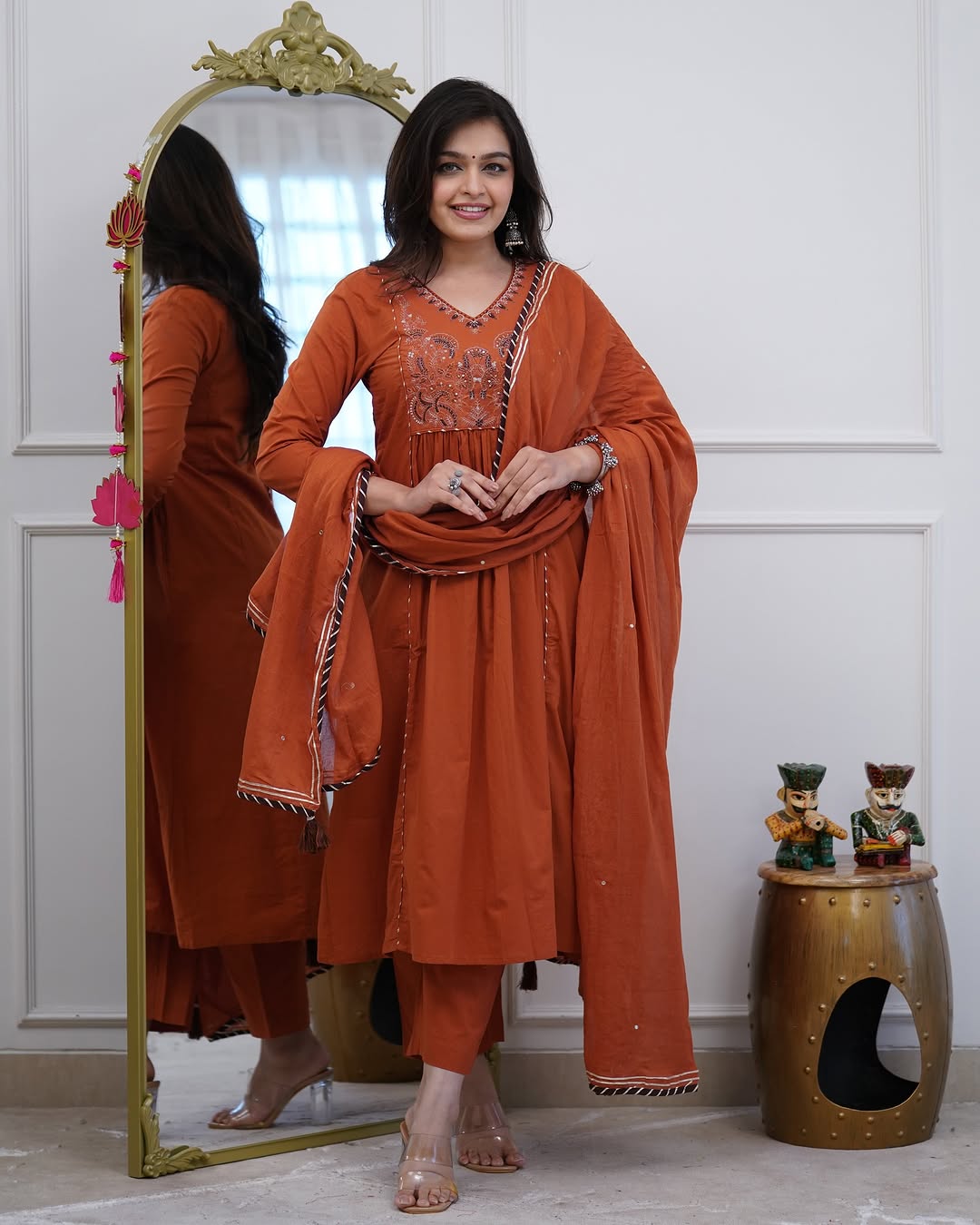 Rust Orange Cotton Anarkali Set with Dupatta