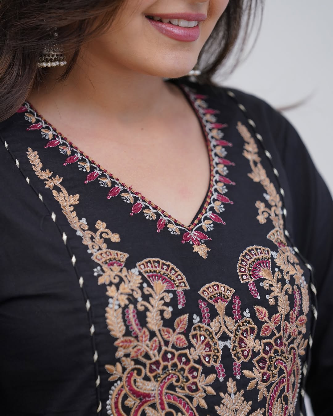 Black Cotton Anarkali Set with Yoke Embroidery