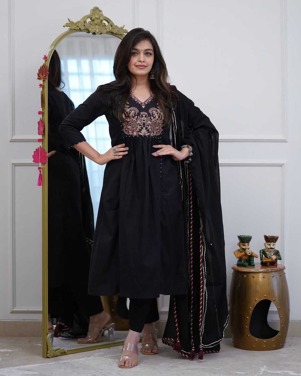 Black Cotton Anarkali Set with Yoke Embroidery