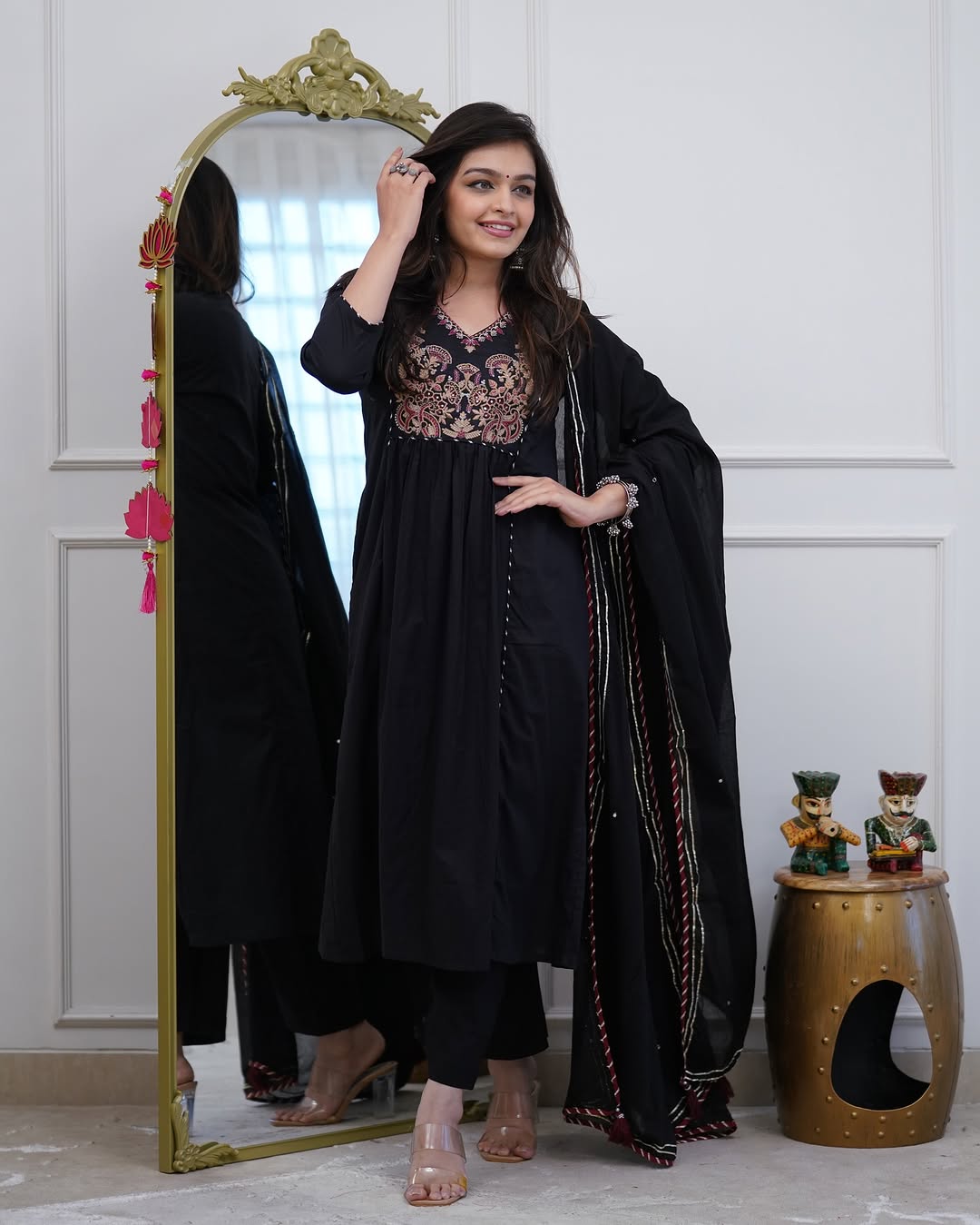 Black Cotton Anarkali Set with Yoke Embroidery