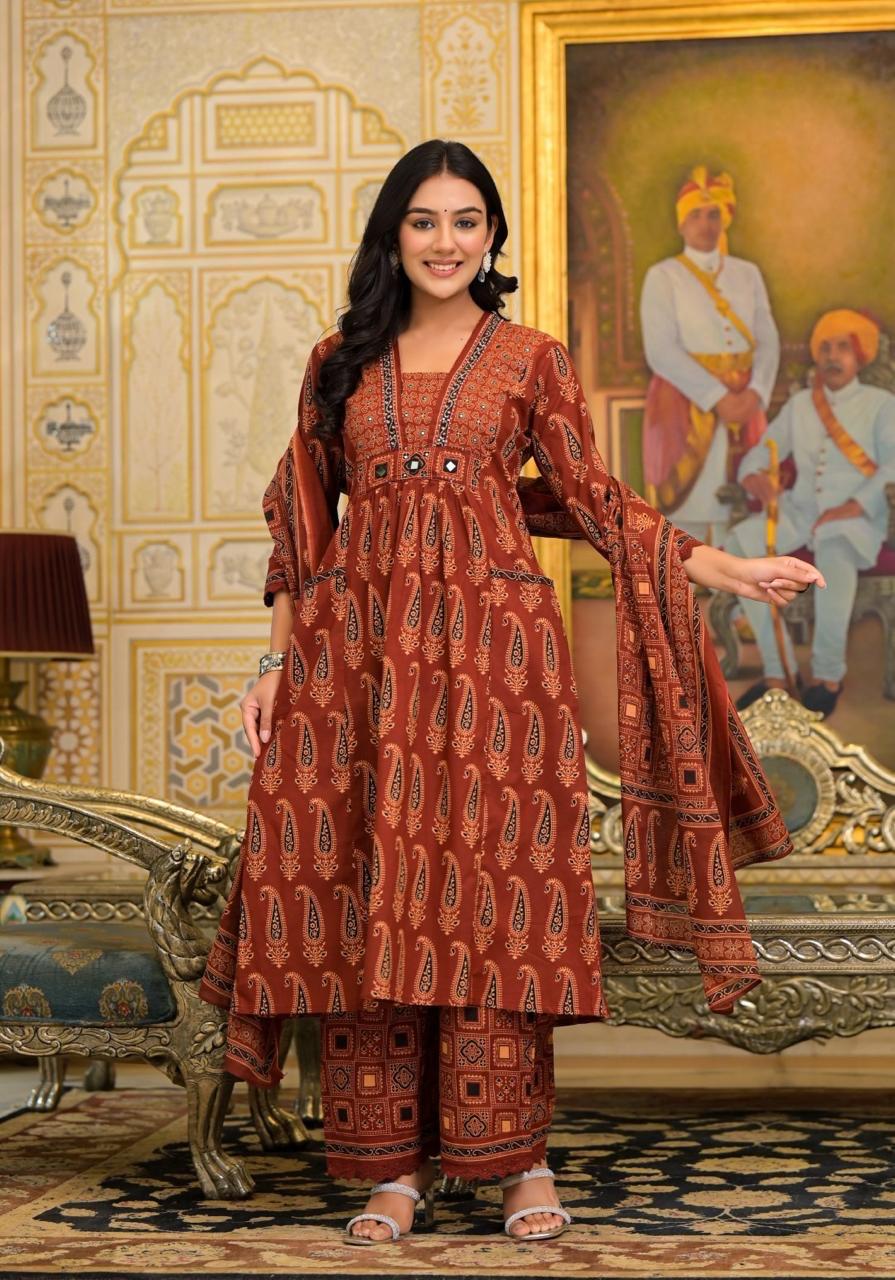Rust Cotton Anarkali Suit with Paisley Print