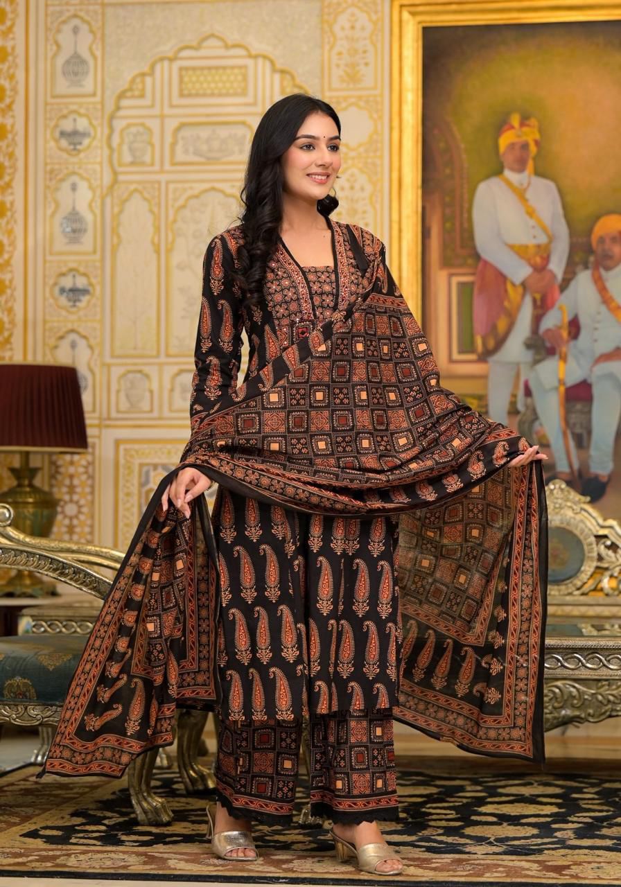 Black & Rust Paisley Ajrakh Print Cotton Suit