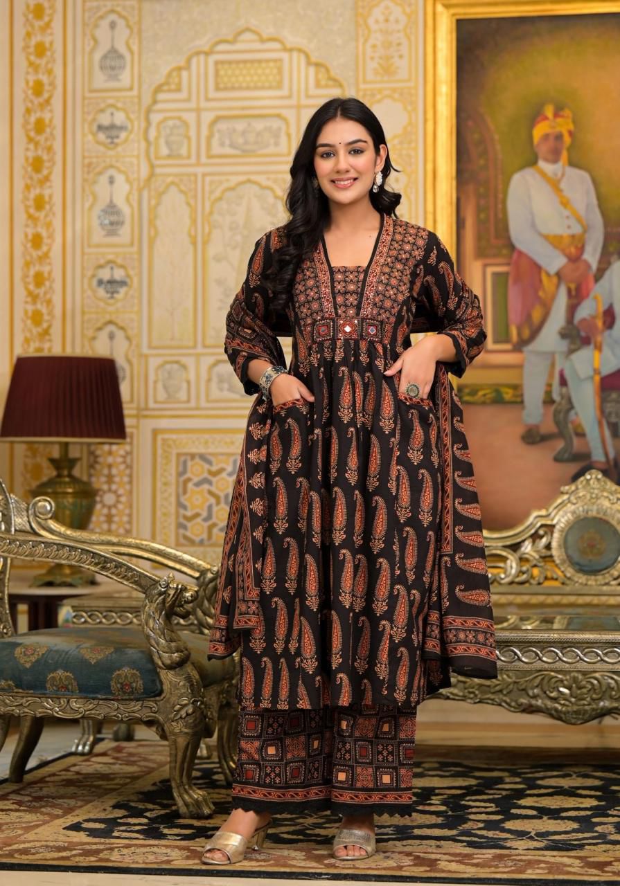 Black & Rust Paisley Ajrakh Print Cotton Suit
