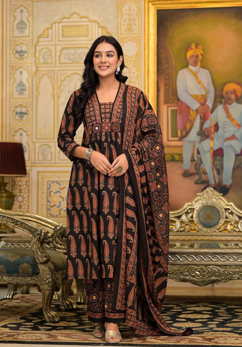 Black & Rust Paisley Ajrakh Print Cotton Suit