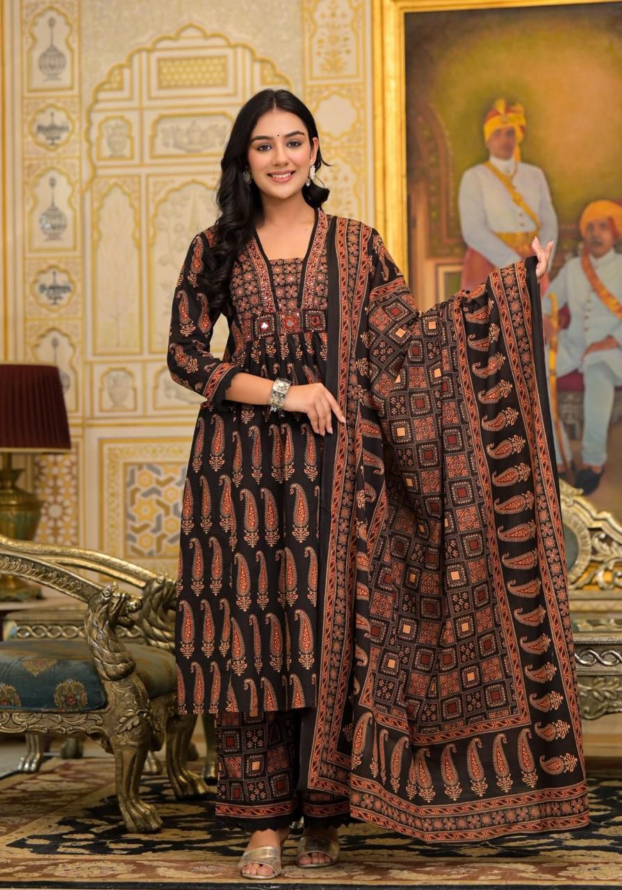Black & Rust Paisley Ajrakh Print Cotton Suit