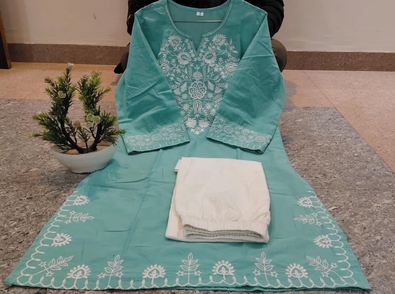 Seafoam Blue Cotton Chikankari Kurti with Intricate Floral Embroidery