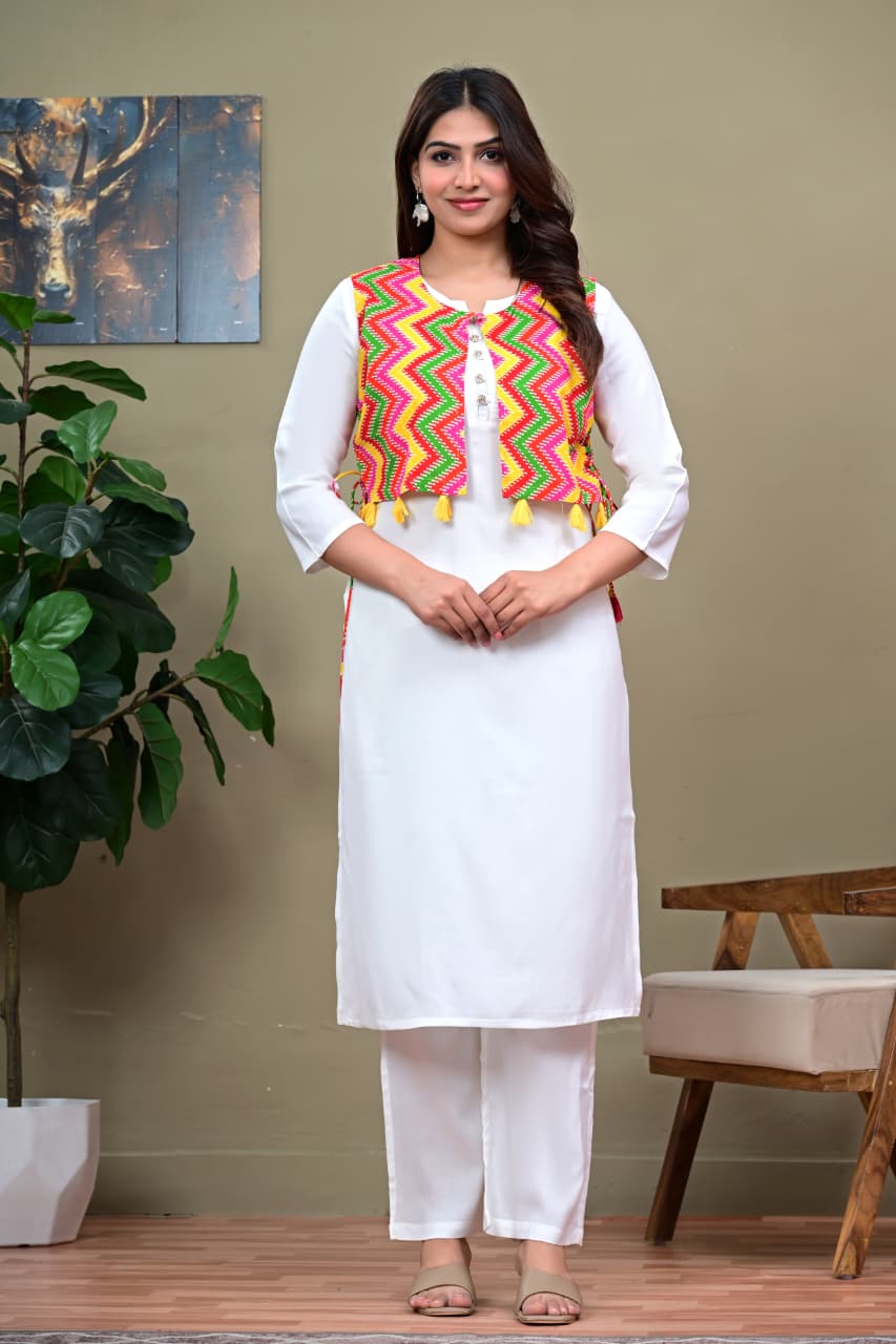 White Co-ord Set with Multi-Color Zigzag Embroidered Koti