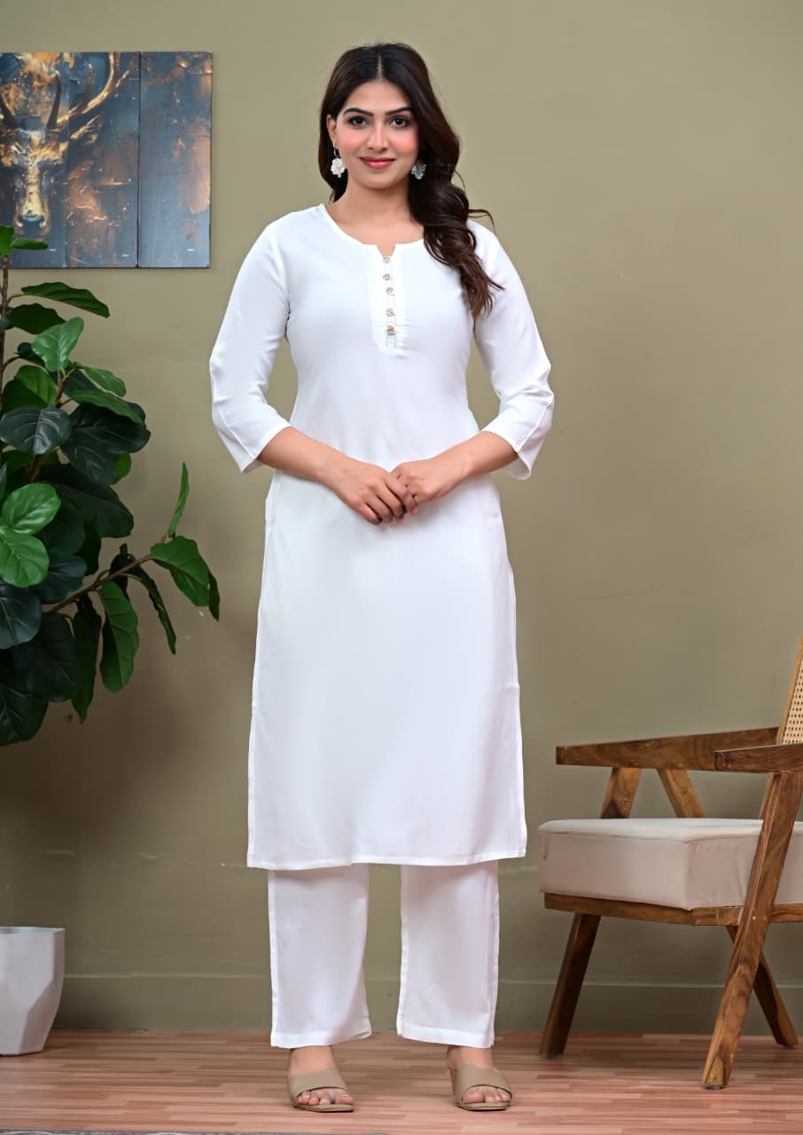 White Co-ord Set with Multi-Color Zigzag Embroidered Koti