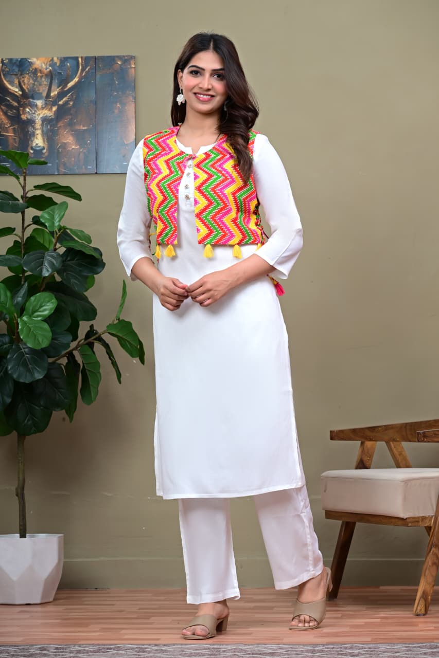 White Co-ord Set with Multi-Color Zigzag Embroidered Koti