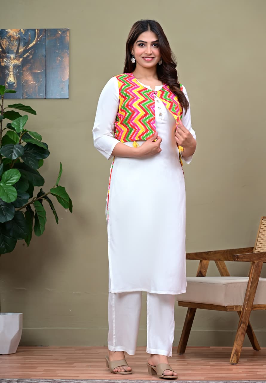 White Co-ord Set with Multi-Color Zigzag Embroidered Koti