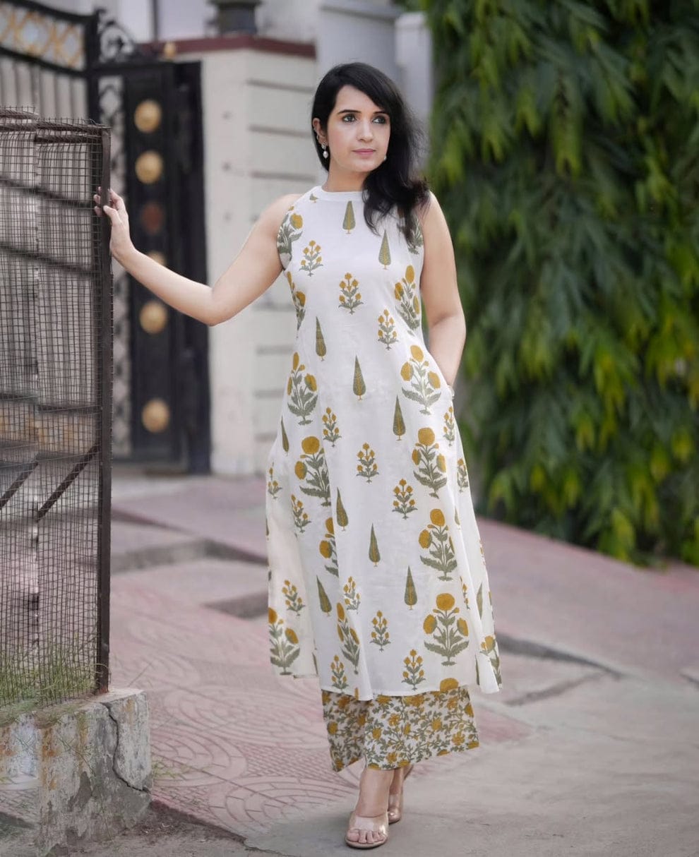 Mustard Blossom Halter-Neck Co-ord Set with Printed Palazzos