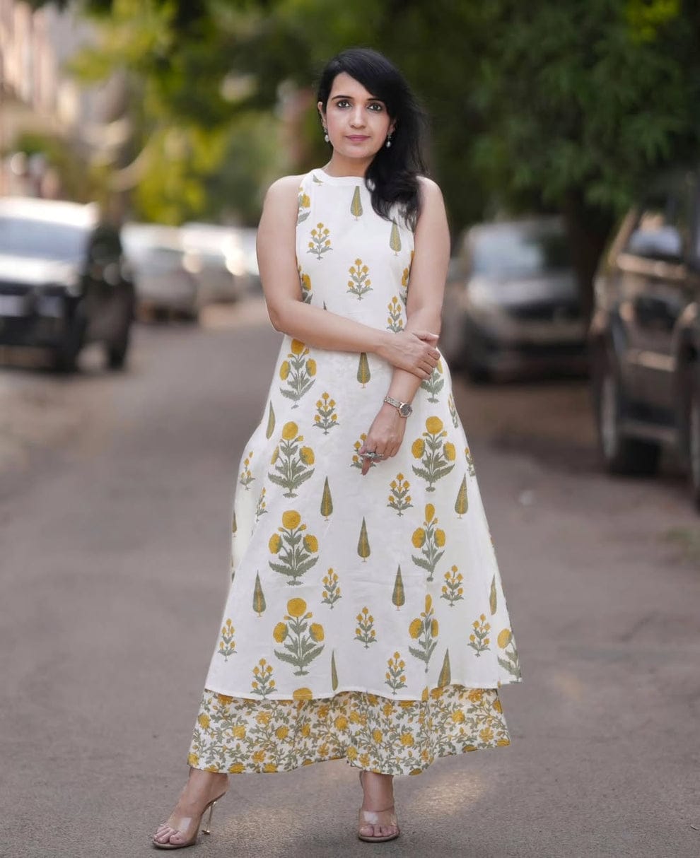 Mustard Blossom Halter-Neck Co-ord Set with Printed Palazzos