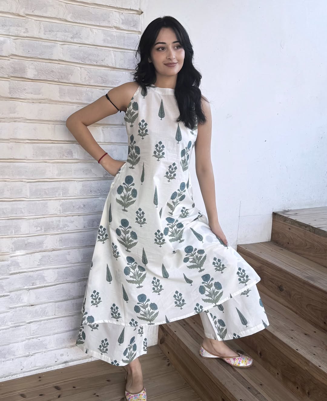 Teal Blossom Halter-Neck Kurta Set with Wide-Leg Palazzos