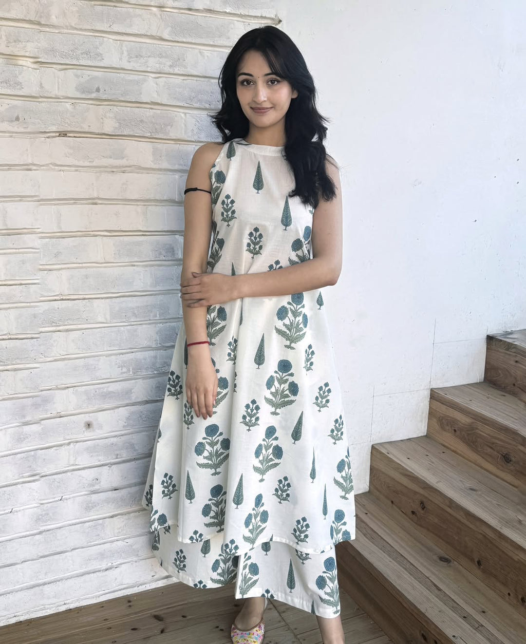 Teal Blossom Halter-Neck Kurta Set with Wide-Leg Palazzos