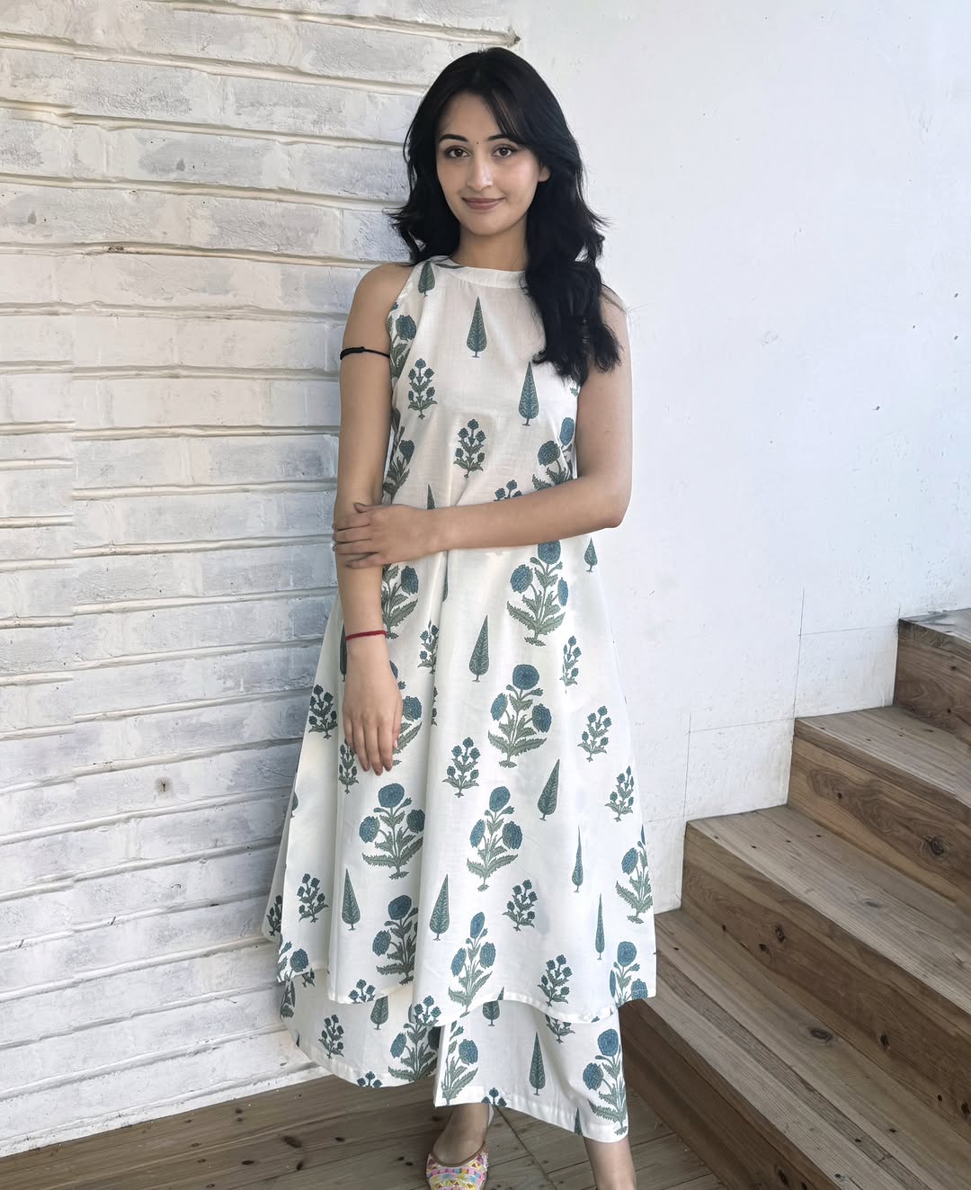 Teal Blossom Halter-Neck Kurta Set with Wide-Leg Palazzos