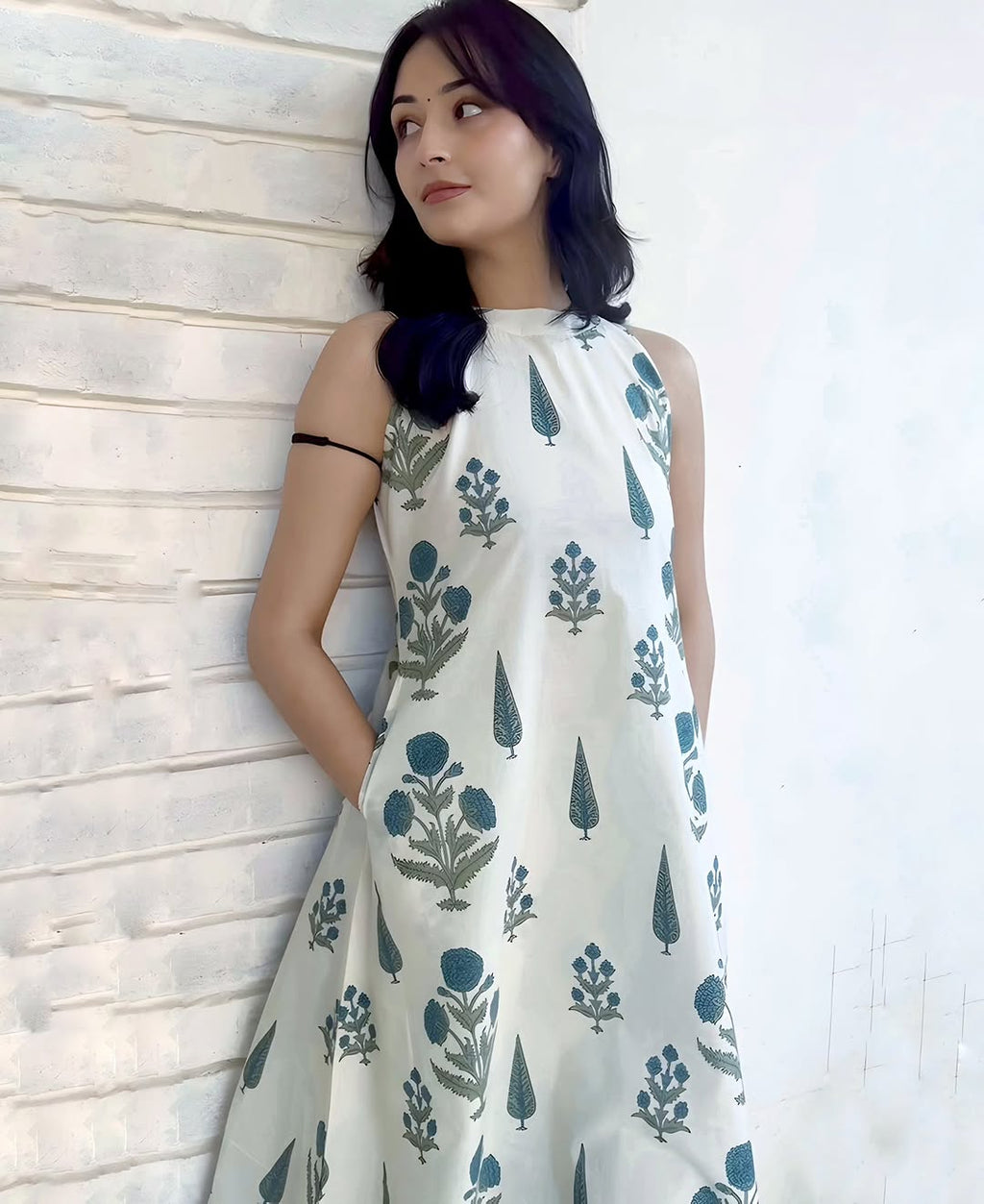 Teal Blossom Halter-Neck Kurta Set with Wide-Leg Palazzos