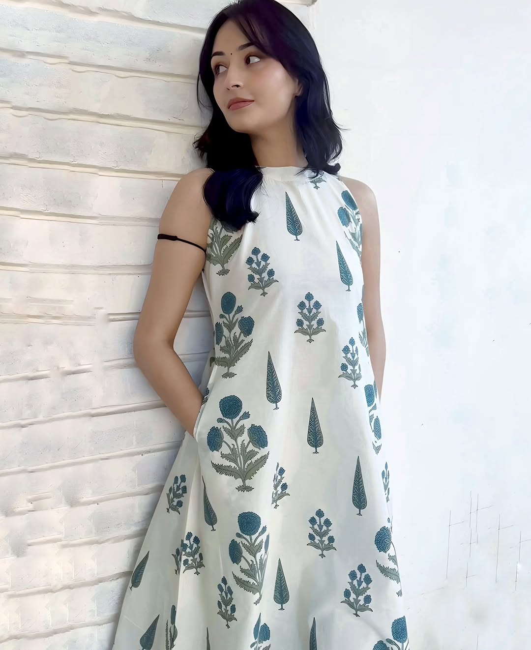 Teal Blossom Halter-Neck Kurta Set with Wide-Leg Palazzos