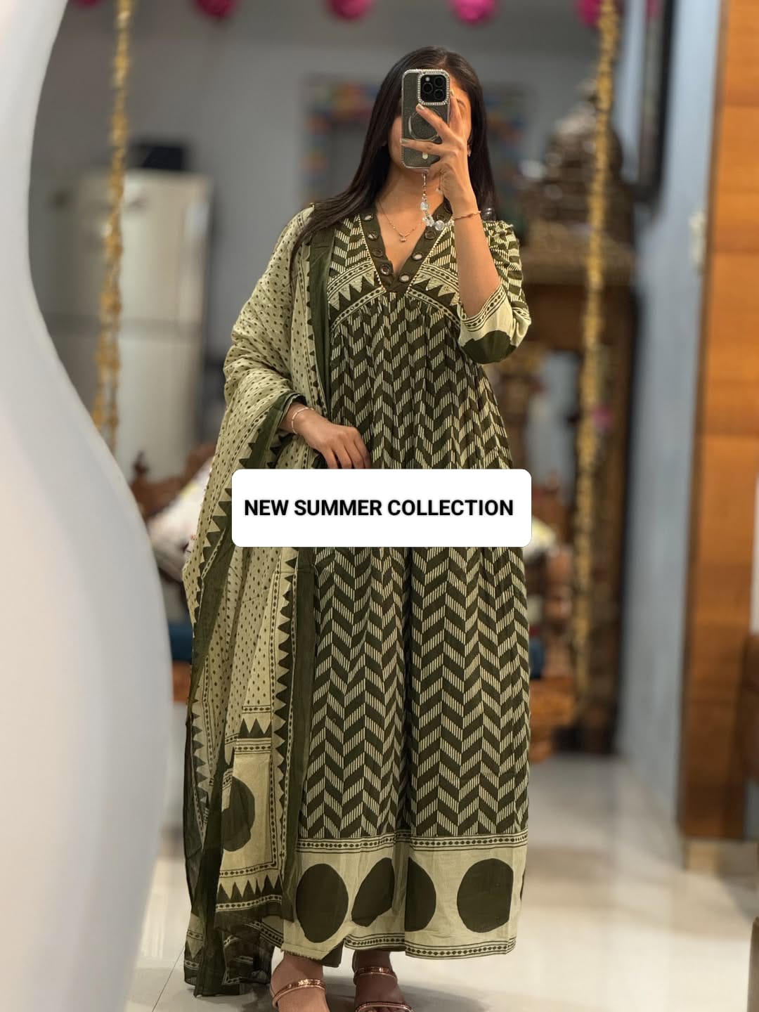 Moss Green Geometric Print Flare Kurta with Dupatta