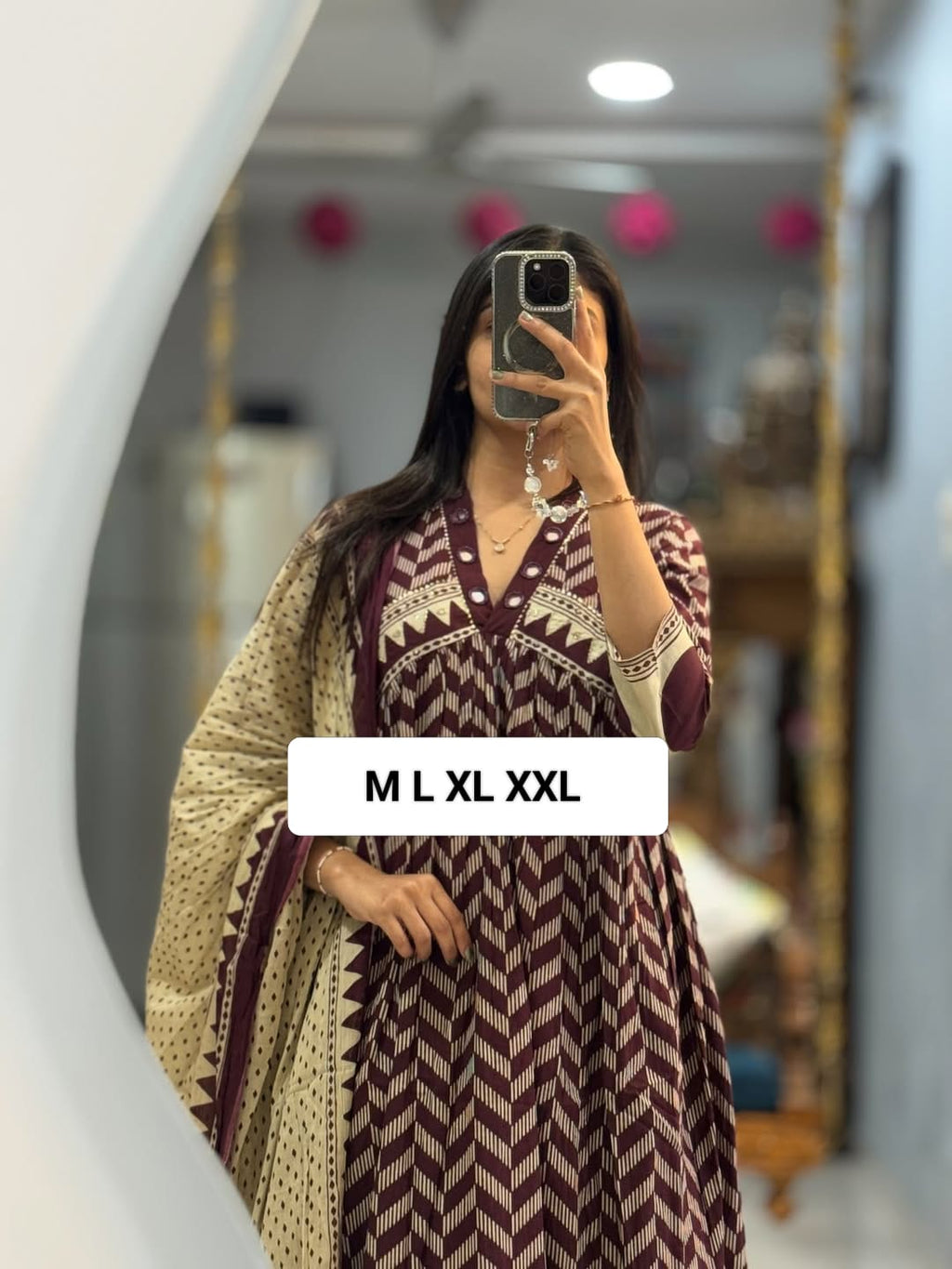 Deep Maroon Geometric Print Long Kurta with Dupatta