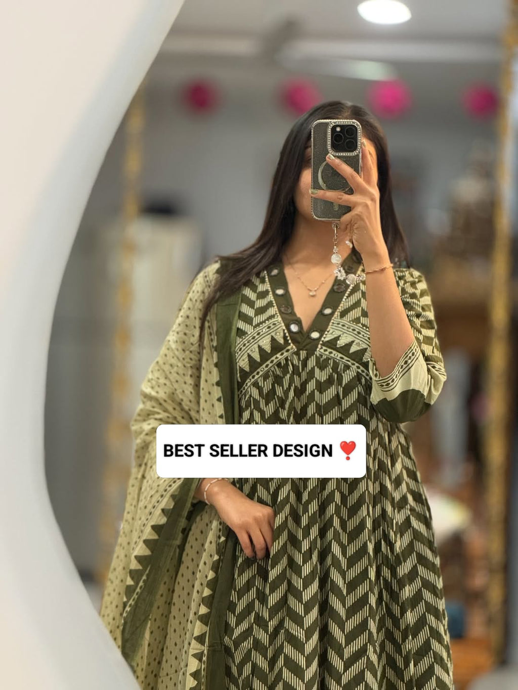 Moss Green Geometric Print Flare Kurta with Dupatta