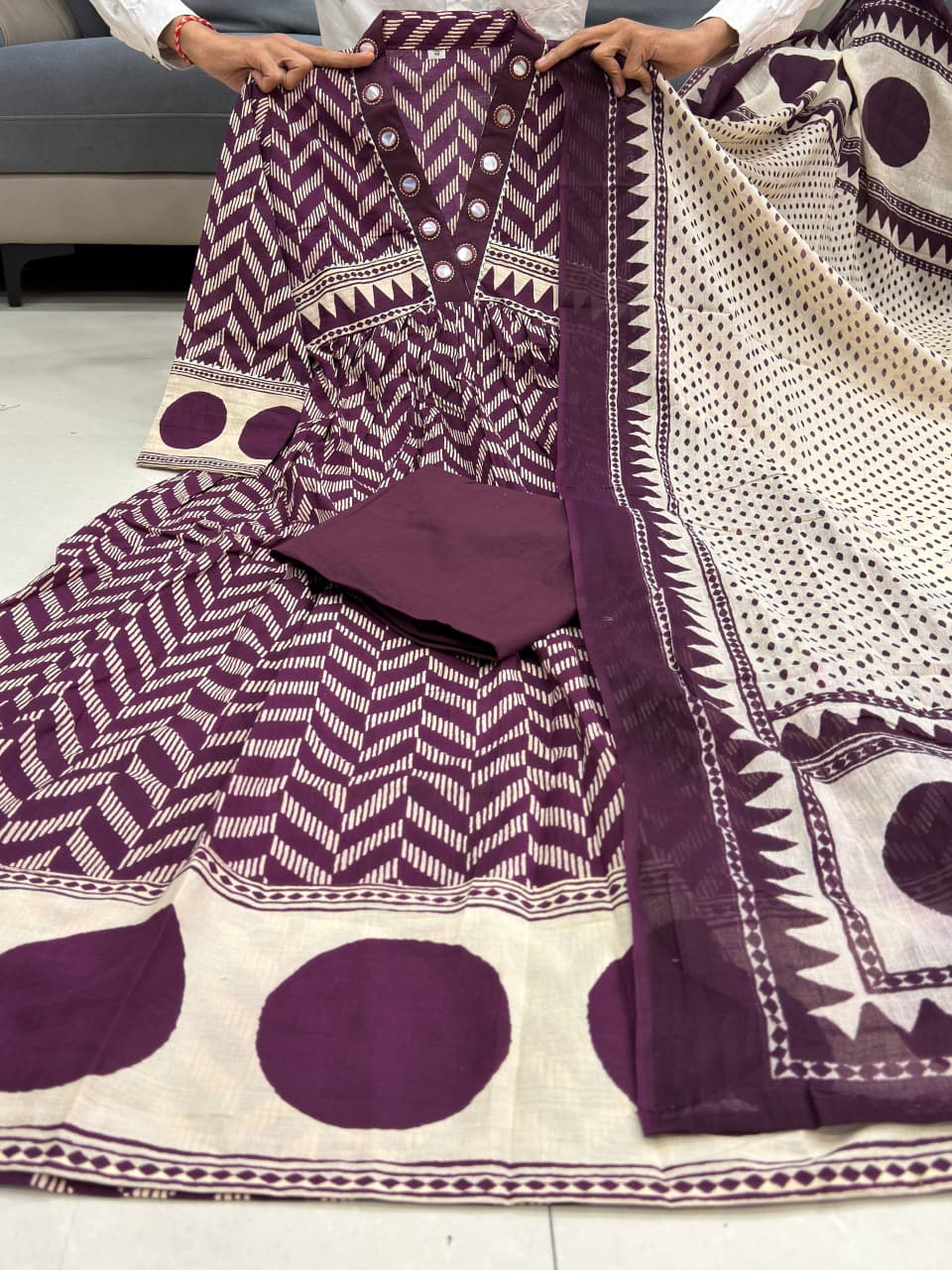 Deep Maroon Geometric Print Long Kurta with Dupatta