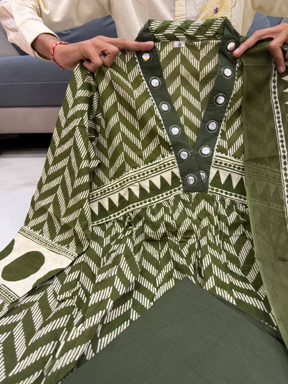 Moss Green Geometric Print Flare Kurta with Dupatta