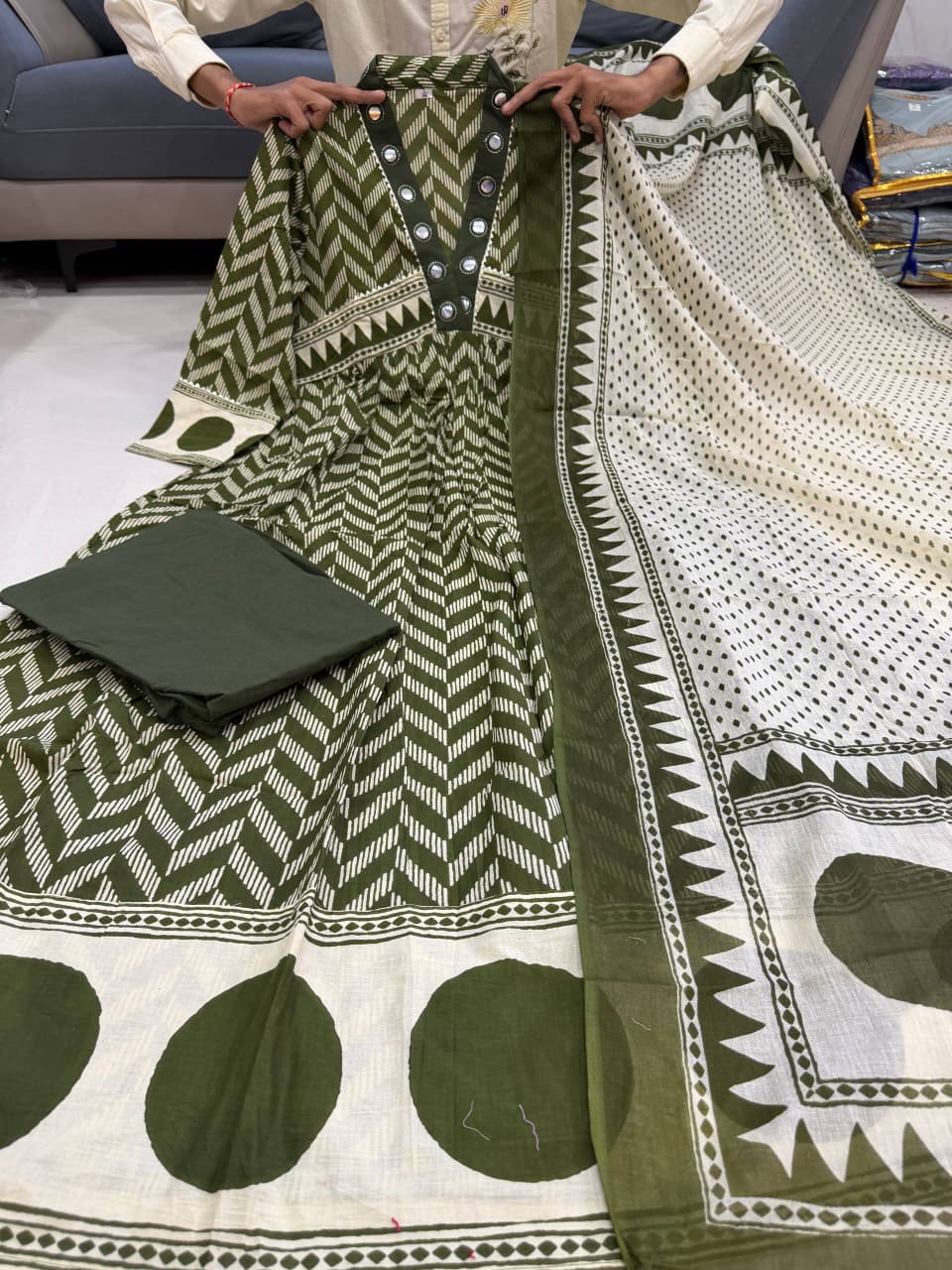 Moss Green Geometric Print Flare Kurta with Dupatta