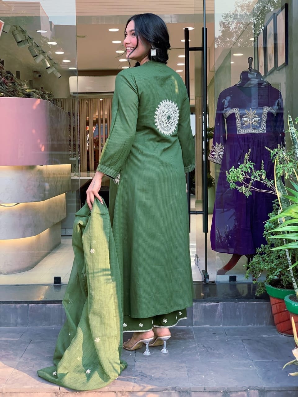 Forest Green Pleated Kurta Set with Scalloped Palazzos