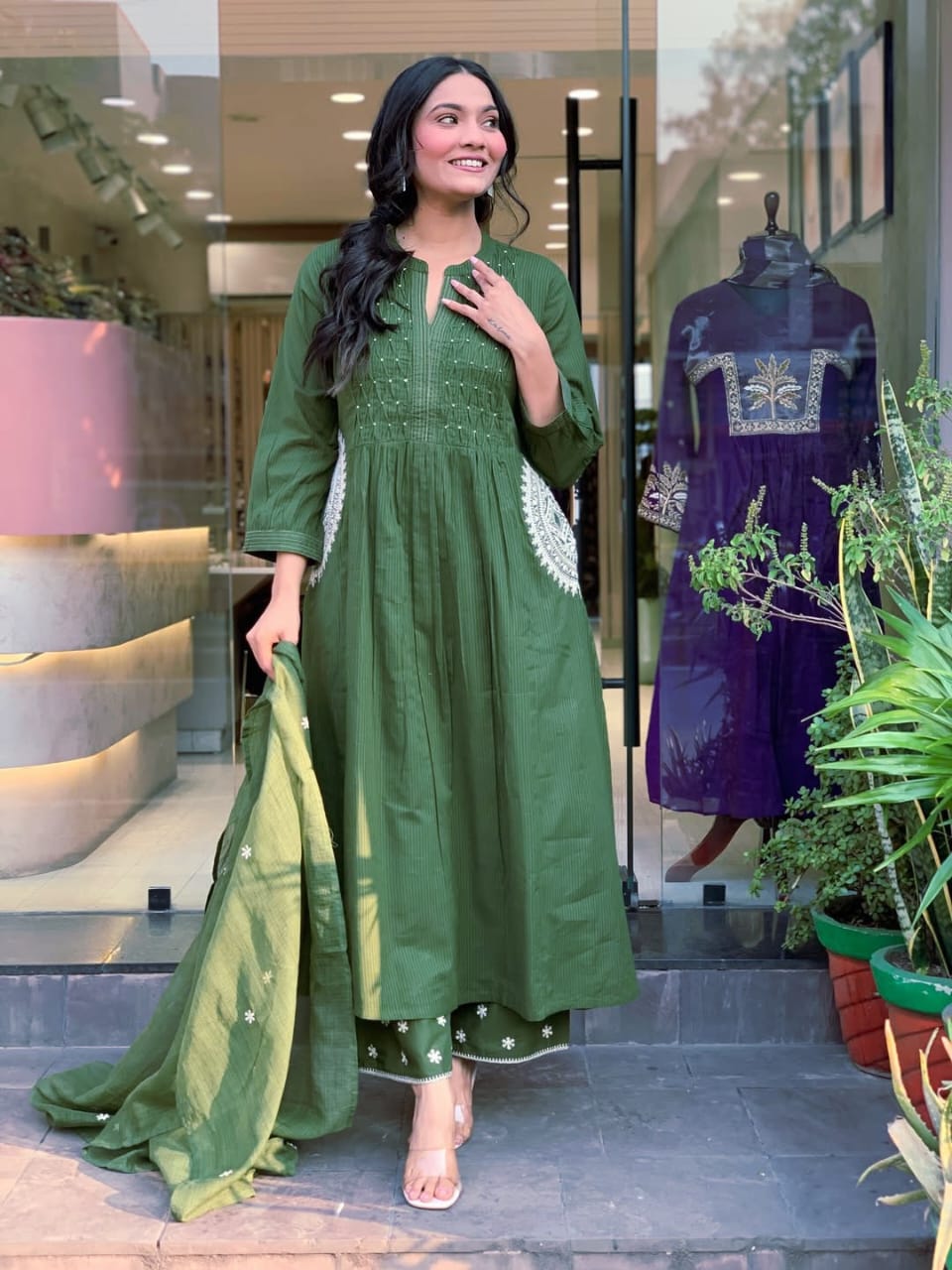 Forest Green Pleated Kurta Set with Scalloped Palazzos