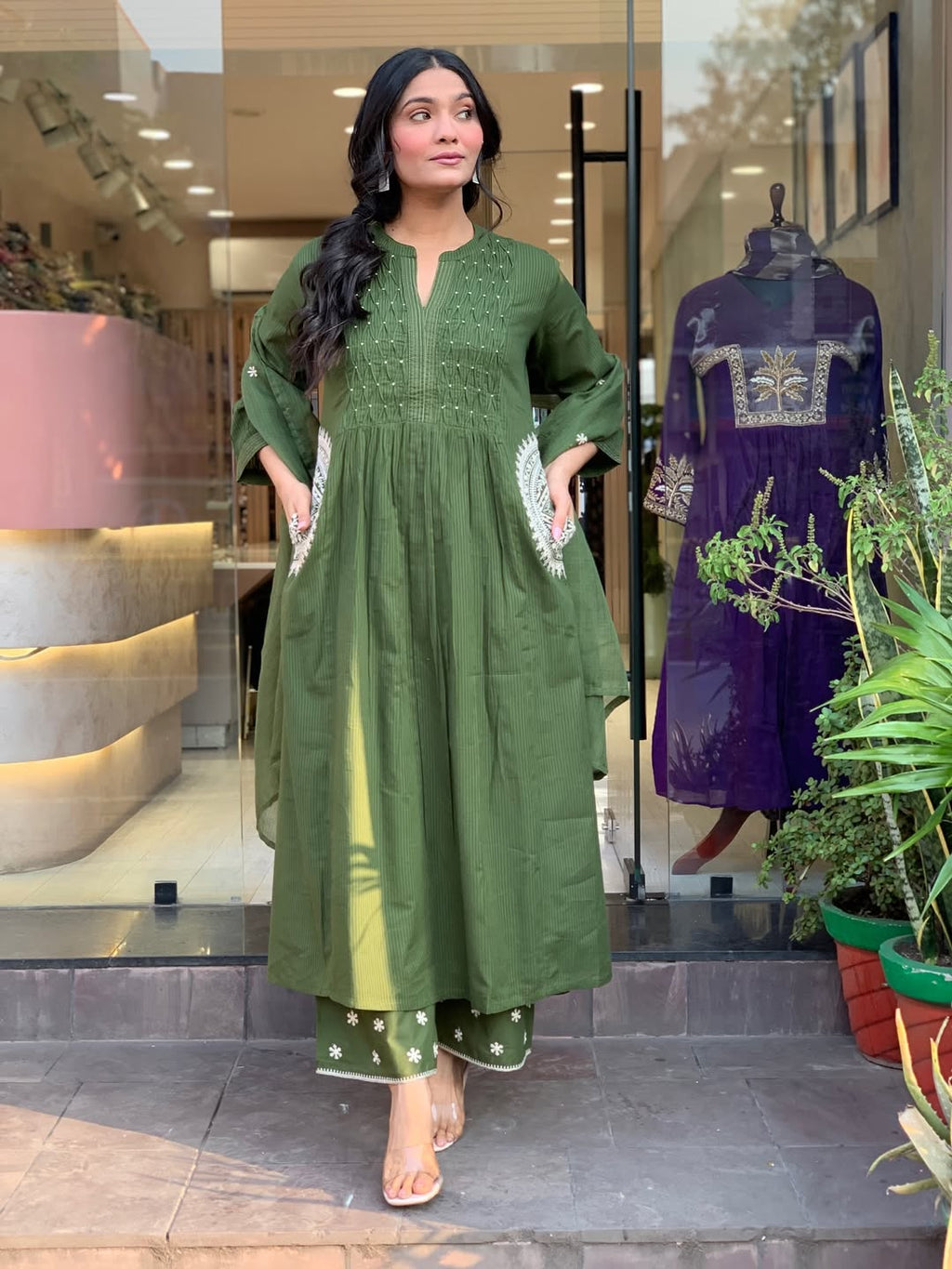 Forest Green Pleated Kurta Set with Scalloped Palazzos