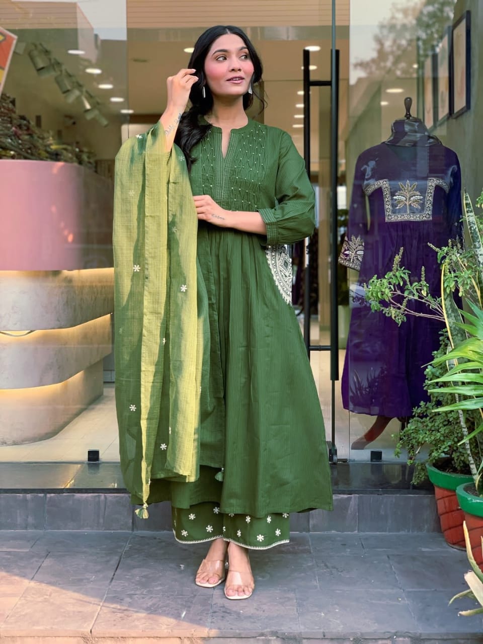 Forest Green Pleated Kurta Set with Scalloped Palazzos