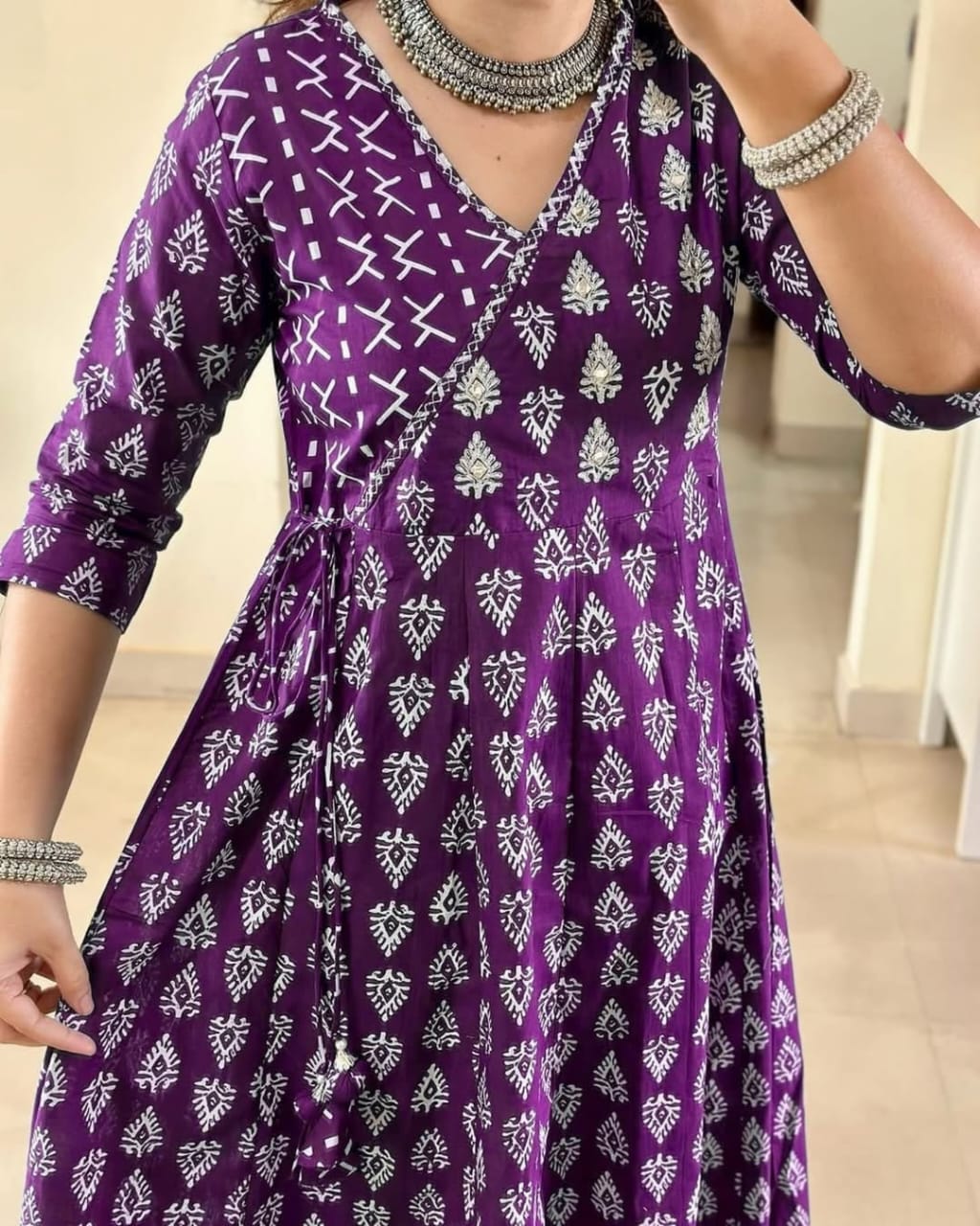 Puple Ajrakh Print Anarkali Kurta Set with Dupatta