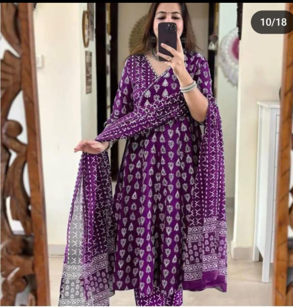 Puple Ajrakh Print Anarkali Kurta Set with Dupatta