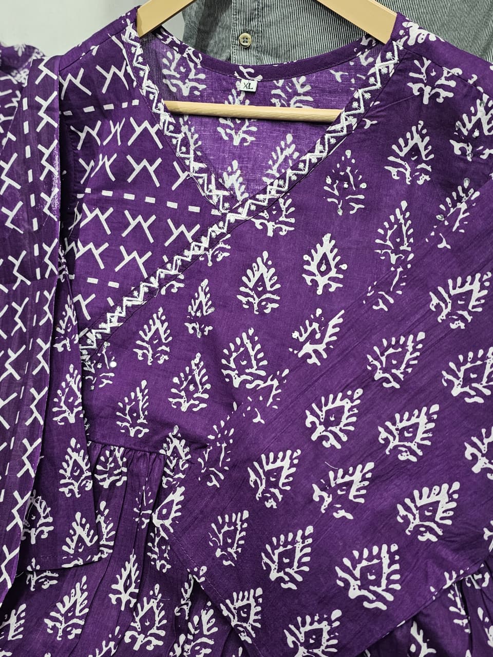 Puple Ajrakh Print Anarkali Kurta Set with Dupatta