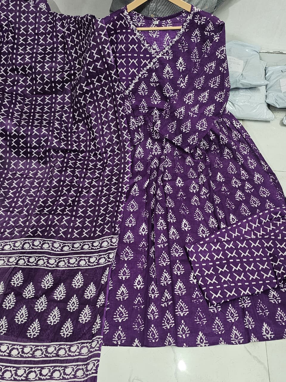 Puple Ajrakh Print Anarkali Kurta Set with Dupatta