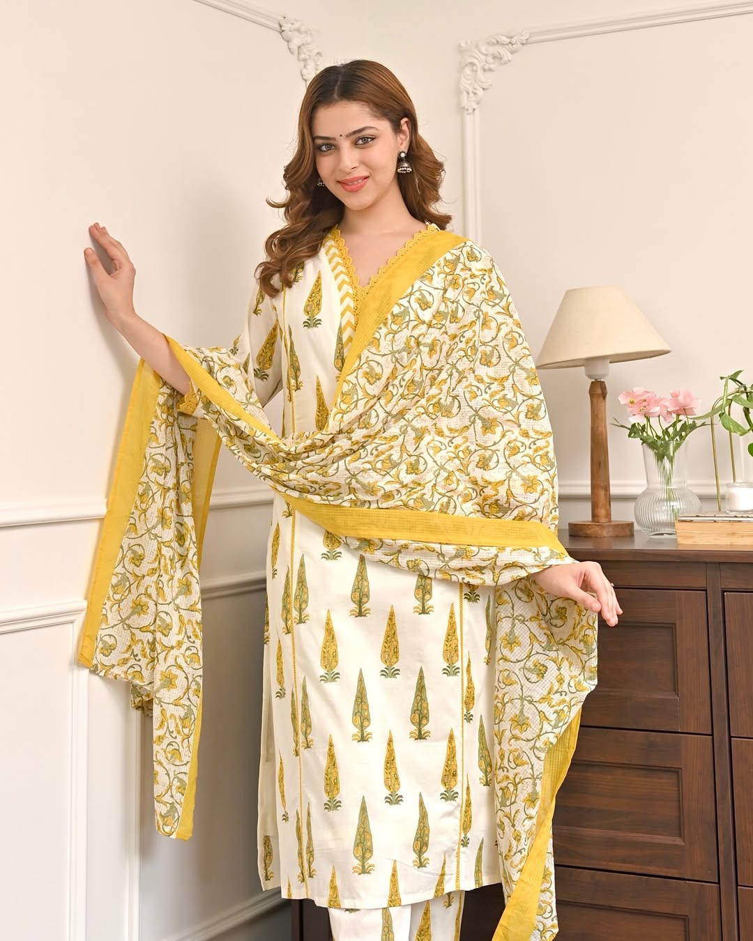 Premimum Cotton Kurta set with yellow design
