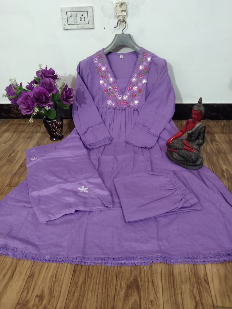 Elegant Lavender Embroidered Anarkali Kurta Set with Pant and Dupatta