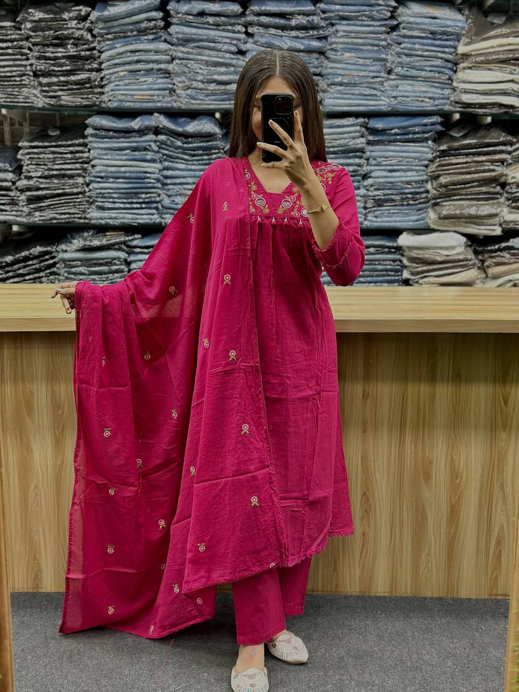 Elegant Rani Pink Embroidered Anarkali Kurta Set with Pant and Dupatta