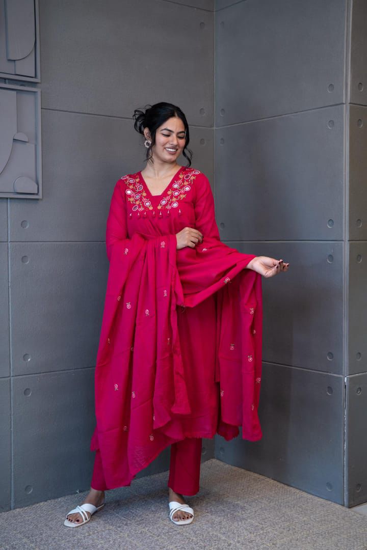 Elegant Rani Pink Embroidered Anarkali Kurta Set with Pant and Dupatta