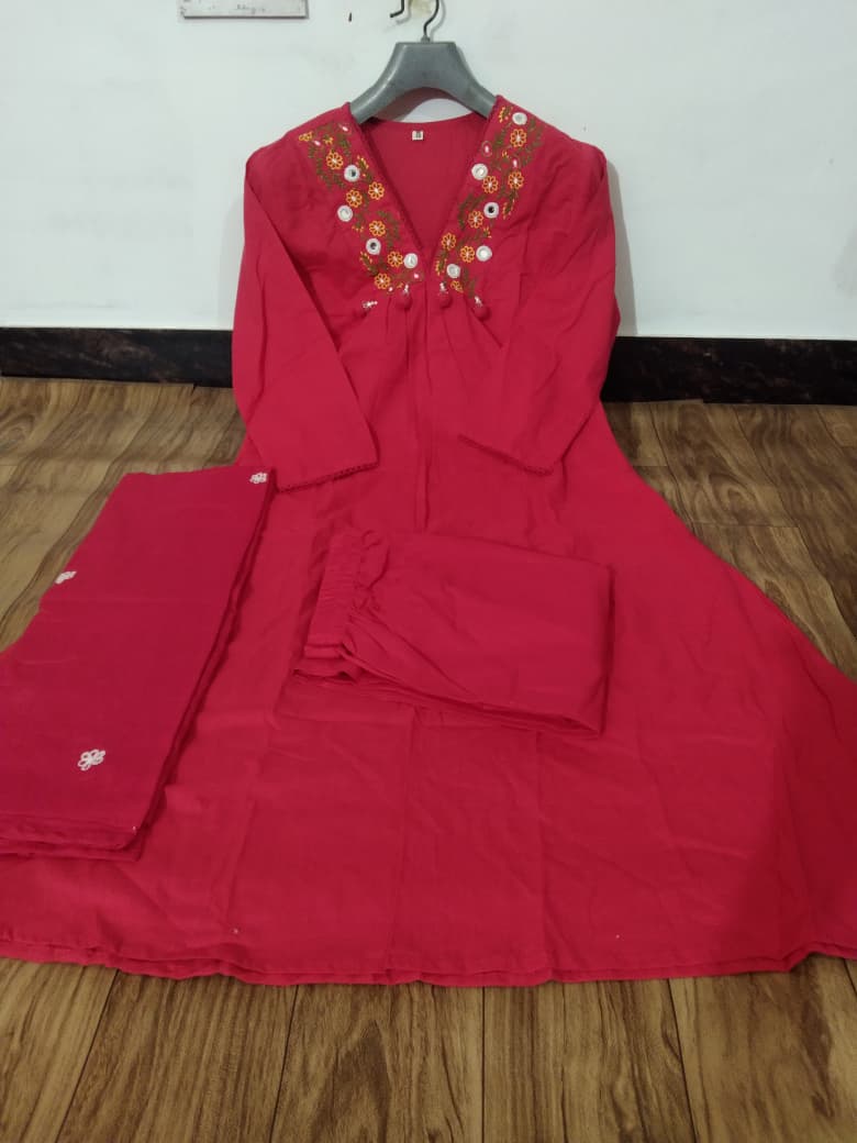 Elegant Rani Pink Embroidered Anarkali Kurta Set with Pant and Dupatta