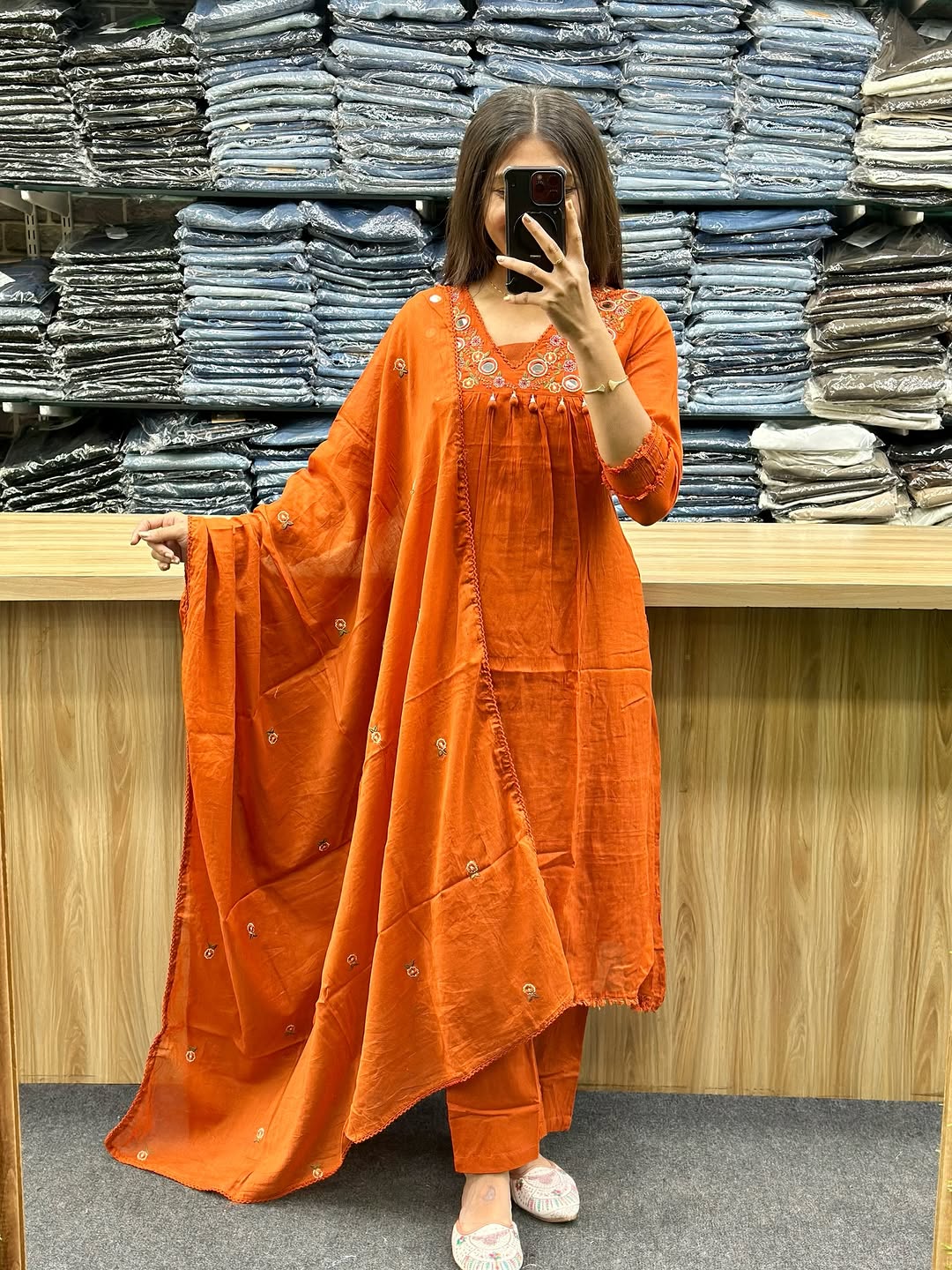 Vibrant Rust Orange Embroidered Anarkali Kurta Set with Pant and Dupatta