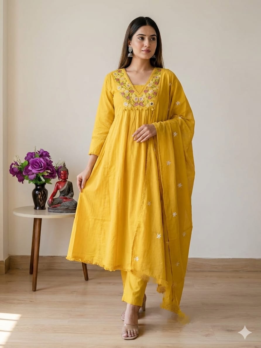 Radiant Yellow Embroidered Anarkali Kurta Set with Pant and Dupatta