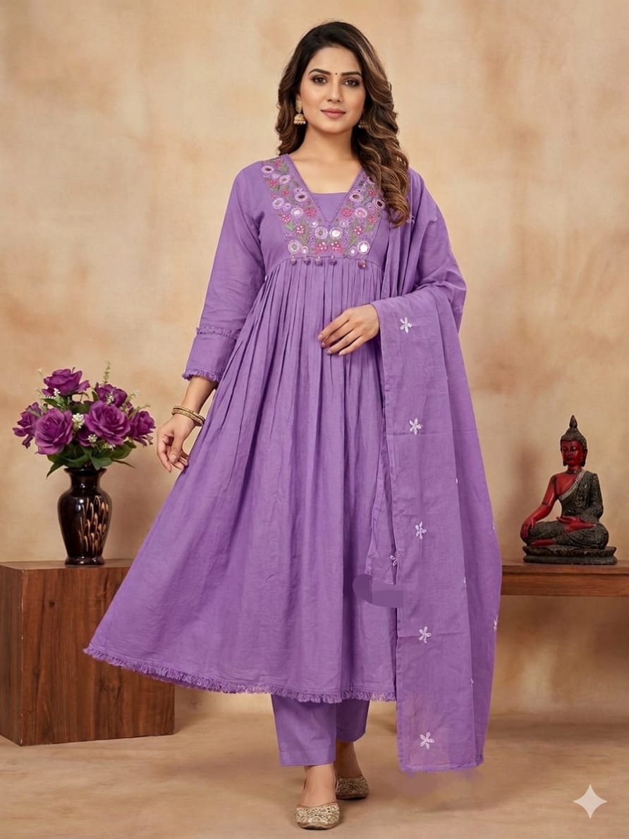 Elegant Lavender Embroidered Anarkali Kurta Set with Pant and Dupatta