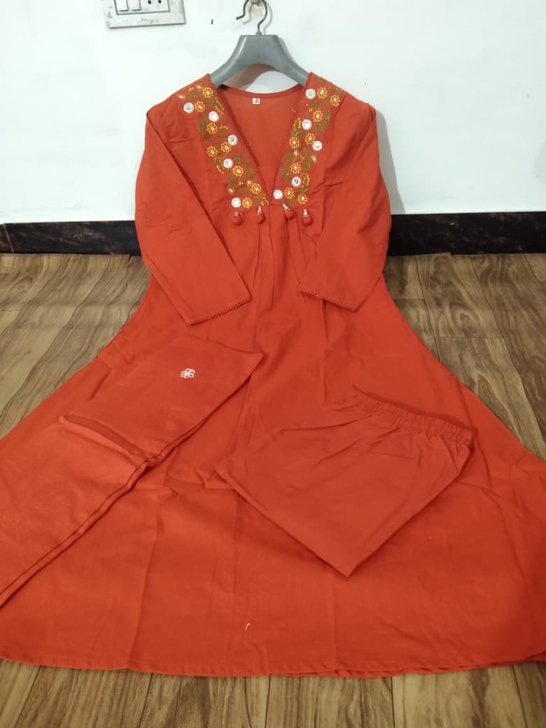 Vibrant Rust Orange Embroidered Anarkali Kurta Set with Pant and Dupatta