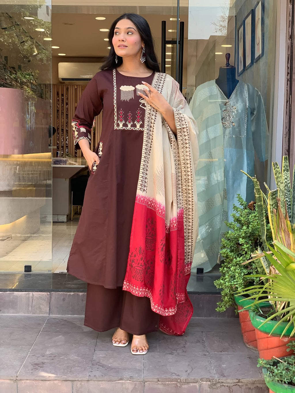 Chocolate Brown Cotton Straight Kurta Set with Warli Art Print Dupatta