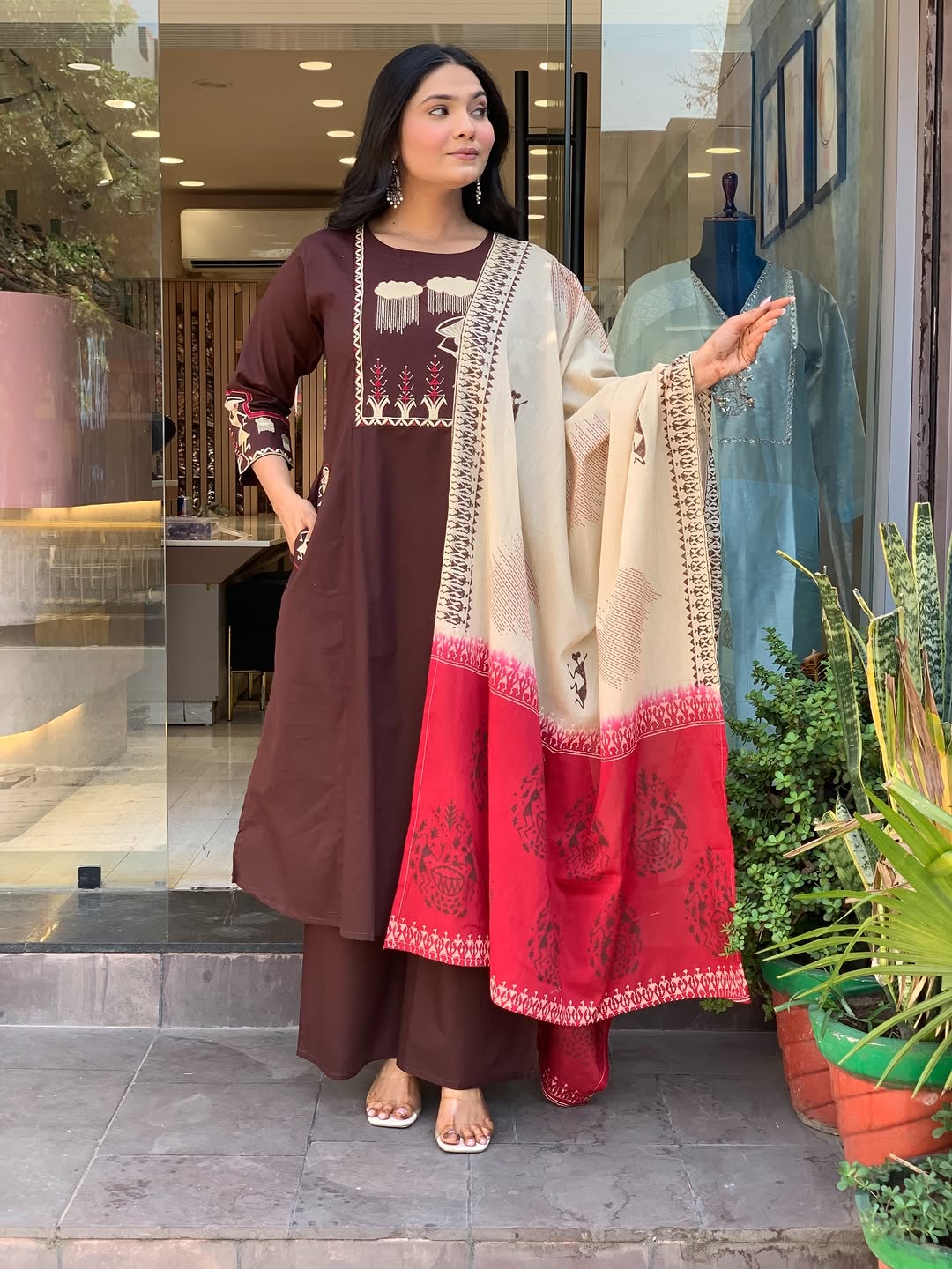 Chocolate Brown Cotton Straight Kurta Set with Warli Art Print Dupatta
