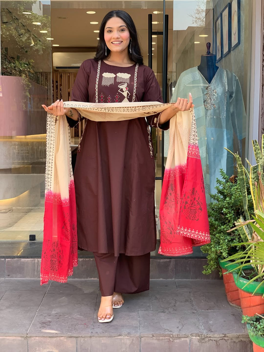 Chocolate Brown Cotton Straight Kurta Set with Warli Art Print Dupatta